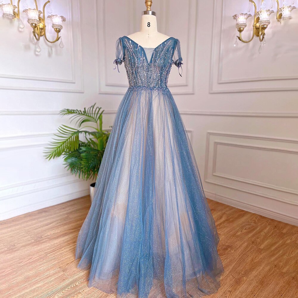 Vestidos de noche de lujo azules de corte A, estilo árabe, con mangas cortas con cuentas y cordones, colección 2025, modelo LA70840 