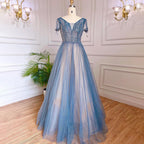 Vestidos de noche de lujo azules de corte A, estilo árabe, con mangas cortas con cuentas y cordones, colección 2025, modelo LA70840 