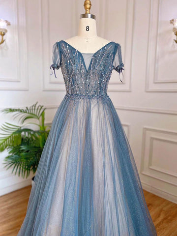 Vestidos de noche de lujo azules de corte A, estilo árabe, con mangas cortas con cuentas y cordones, colección 2025, modelo LA70840 