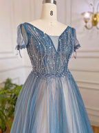 Vestidos de noche de lujo azules de corte A, estilo árabe, con mangas cortas con cuentas y cordones, colección 2025, modelo LA70840 
