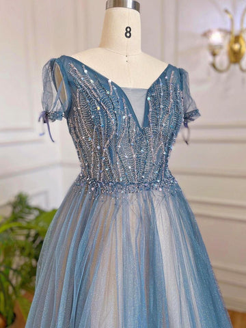 Vestidos de noche de lujo azules de corte A, estilo árabe, con mangas cortas con cuentas y cordones, colección 2025, modelo LA70840 