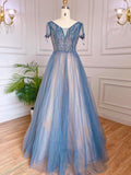 Vestidos de noche de lujo azules de corte A, estilo árabe, con mangas cortas con cuentas y cordones, colección 2025, modelo LA70840 
