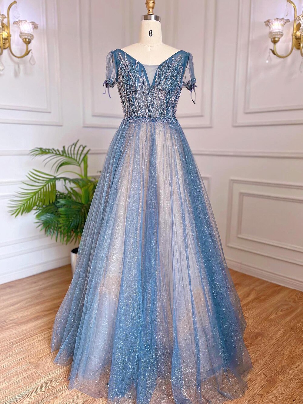 Vestidos de noche de lujo azules de corte A, estilo árabe, con mangas cortas con cuentas y cordones, colección 2025, modelo LA70840 