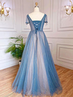 Vestidos de noche de lujo azules de corte A, estilo árabe, con mangas cortas con cuentas y cordones, colección 2025, modelo LA70840 