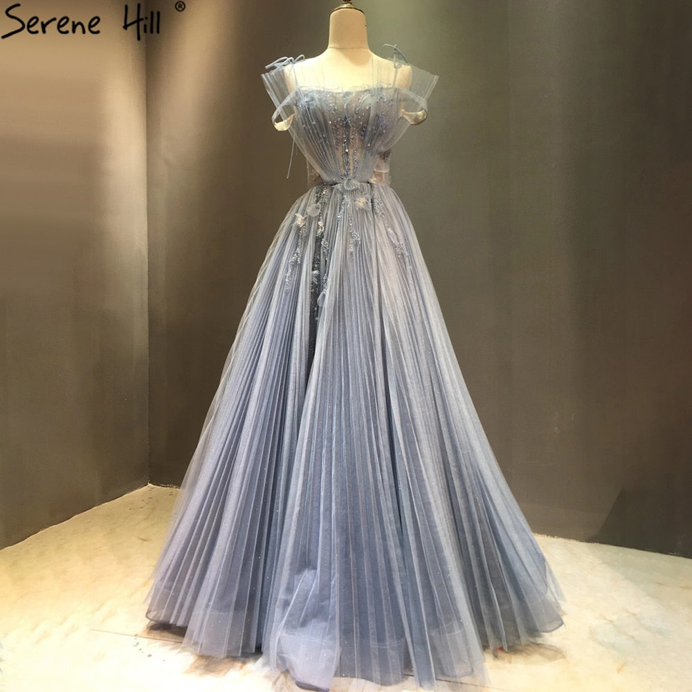 Vestidos de noche de tul azul corte A, estilo sexy, con flores y pedrería, colección 2025, para mujer, ideales para fiestas (LA71149) 
