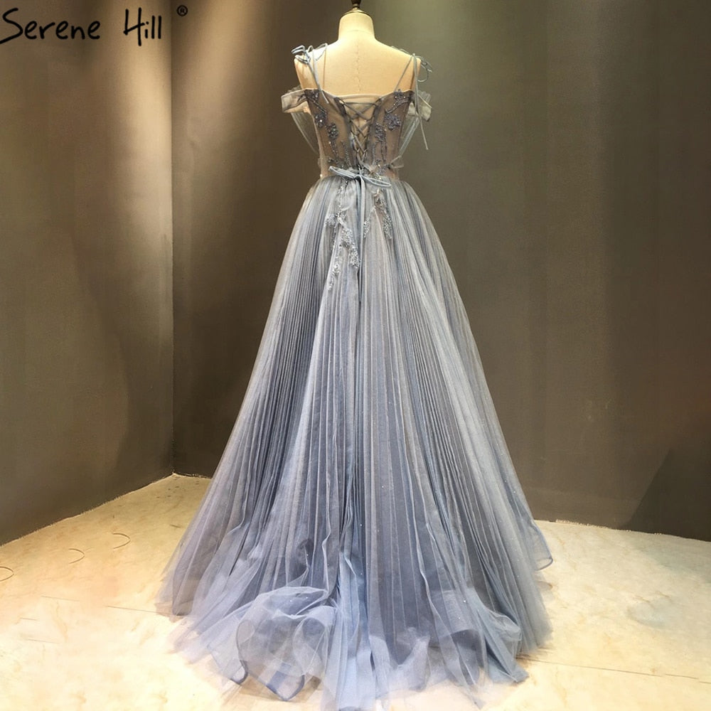 Vestidos de noche de tul azul corte A, estilo sexy, con flores y pedrería, colección 2025, para mujer, ideales para fiestas (LA71149) 