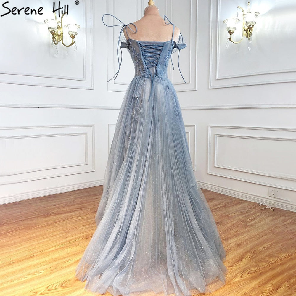 Vestidos de noche de tul azul corte A, estilo sexy, con flores y pedrería, colección 2025, para mujer, ideales para fiestas (LA71149) 