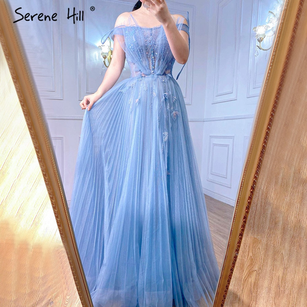 Vestidos de noche de tul azul corte A, estilo sexy, con flores y pedrería, colección 2025, para mujer, ideales para fiestas (LA71149) 
