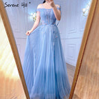 Vestidos de noche de tul azul corte A, estilo sexy, con flores y pedrería, colección 2025, para mujer, ideales para fiestas (LA71149) 