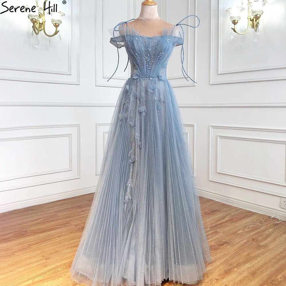 Vestidos de noche de tul azul corte A, estilo sexy, con flores y pedrería, colección 2025, para mujer, ideales para fiestas (LA71149) 