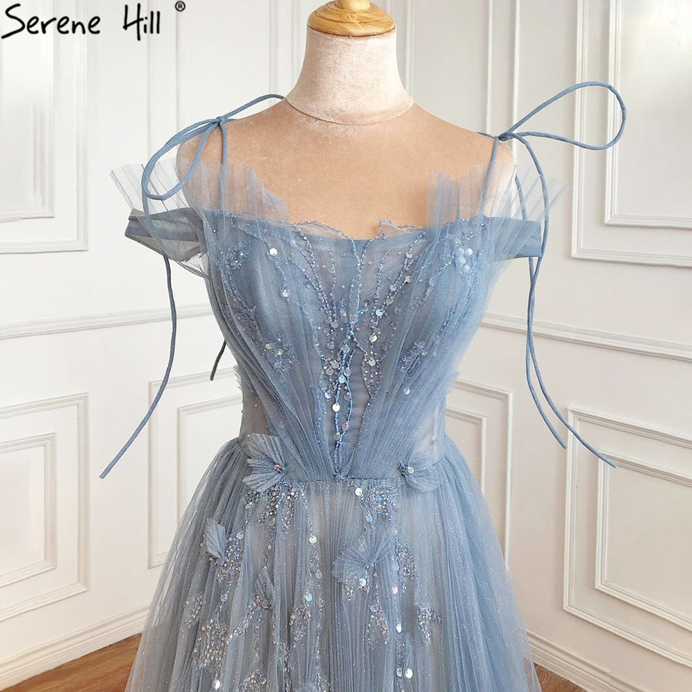 Vestidos de noche de tul azul corte A, estilo sexy, con flores y pedrería, colección 2025, para mujer, ideales para fiestas (LA71149) 