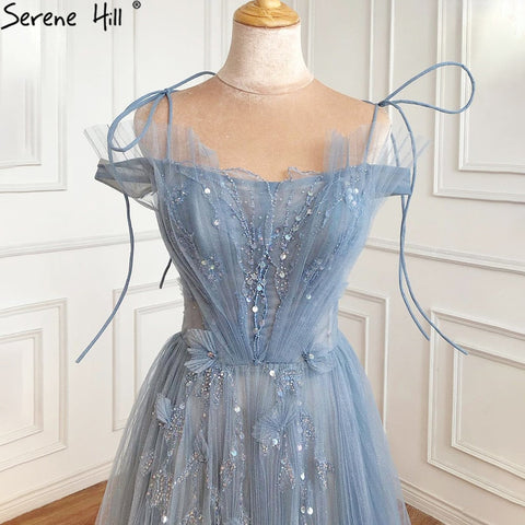 Vestidos de noche de tul azul corte A, estilo sexy, con flores y pedrería, colección 2025, para mujer, ideales para fiestas (LA71149) 