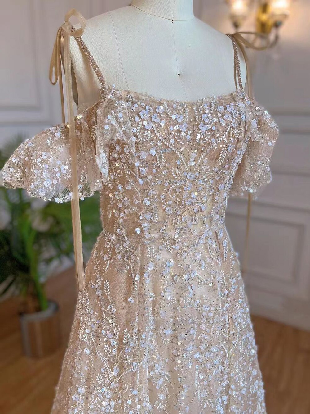 Vestidos de noche estilo árabe, corte A, color nude, con tirantes finos, cordones y cuentas, estilo Dubai, colección 2025, para mujer, ideales para fiestas (LA71871)