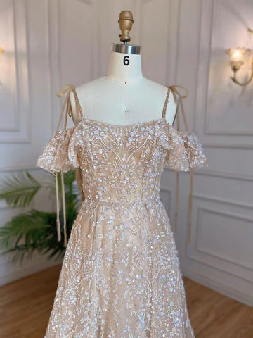 Arabic A-Line Nude Sexy Spaghetti Straps Lace Up Beaded Dubai Evening Dresses Gowns 2025 For Women Party LA71871