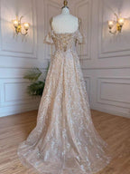 Vestidos de noche estilo árabe, corte A, color nude, con tirantes finos, cordones y cuentas, estilo Dubai, colección 2025, para mujer, ideales para fiestas (LA71871)