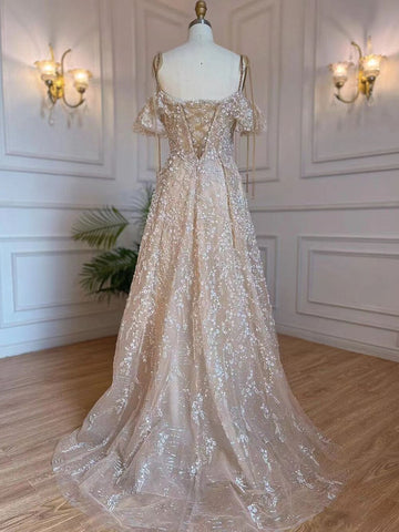 Arabic A-Line Nude Sexy Spaghetti Straps Lace Up Beaded Dubai Evening Dresses Gowns 2025 For Women Party LA71871