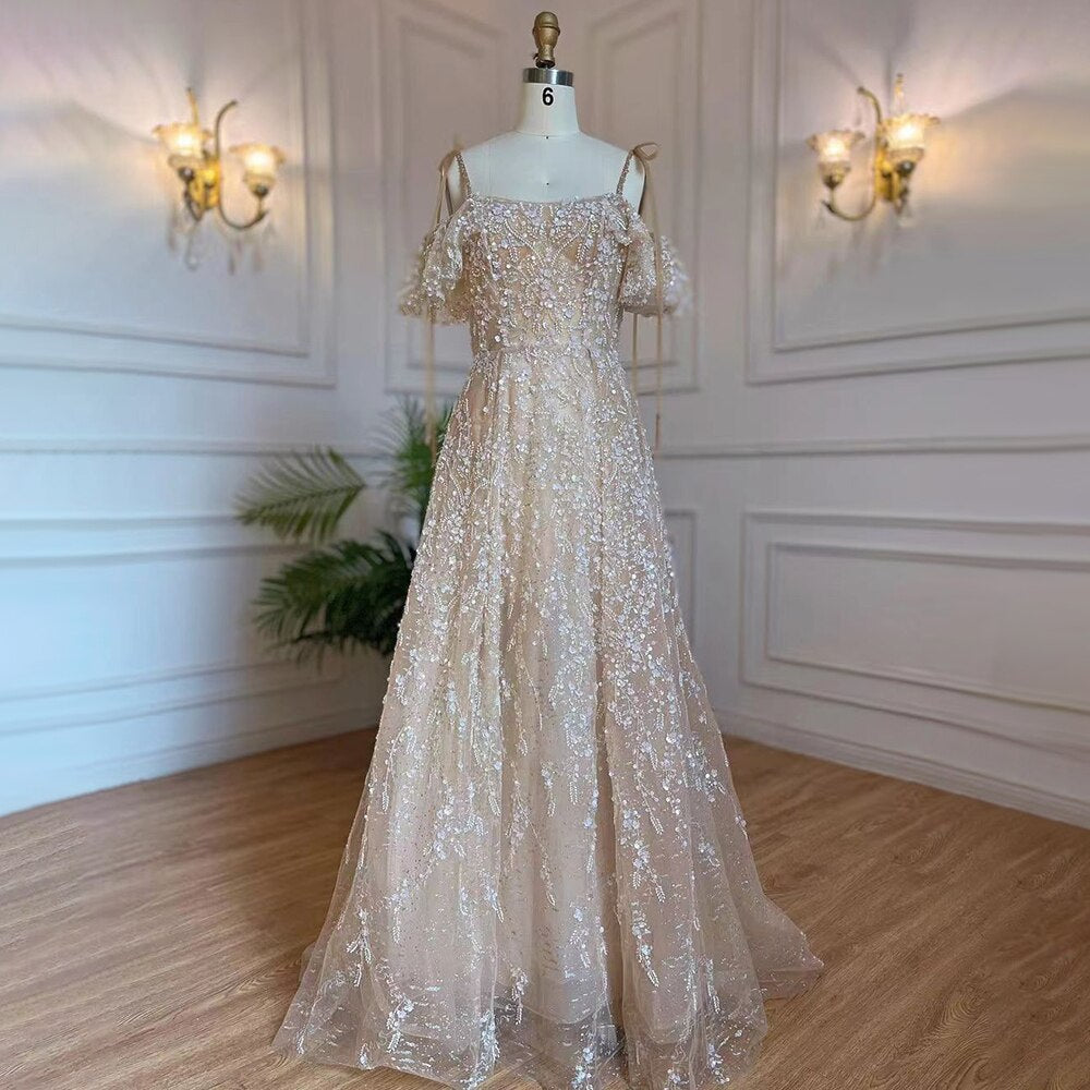 Vestidos de noche estilo árabe, corte A, color nude, con tirantes finos, cordones y cuentas, estilo Dubai, colección 2025, para mujer, ideales para fiestas (LA71871)
