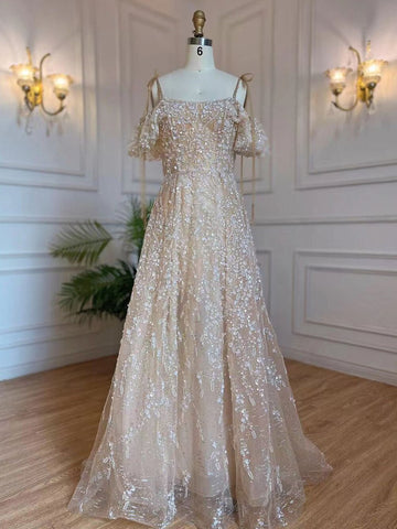 Arabic A-Line Nude Sexy Spaghetti Straps Lace Up Beaded Dubai Evening Dresses Gowns 2025 For Women Party LA71871
