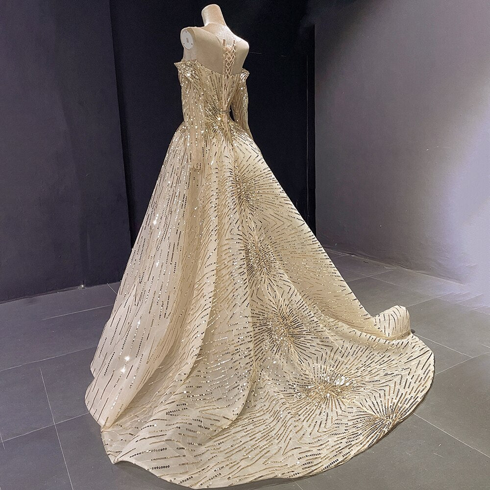 Vestido de noche elegante de sirena dorado con brillo y personalización avanzada, mangas largas con falda no desmontable LA71695 