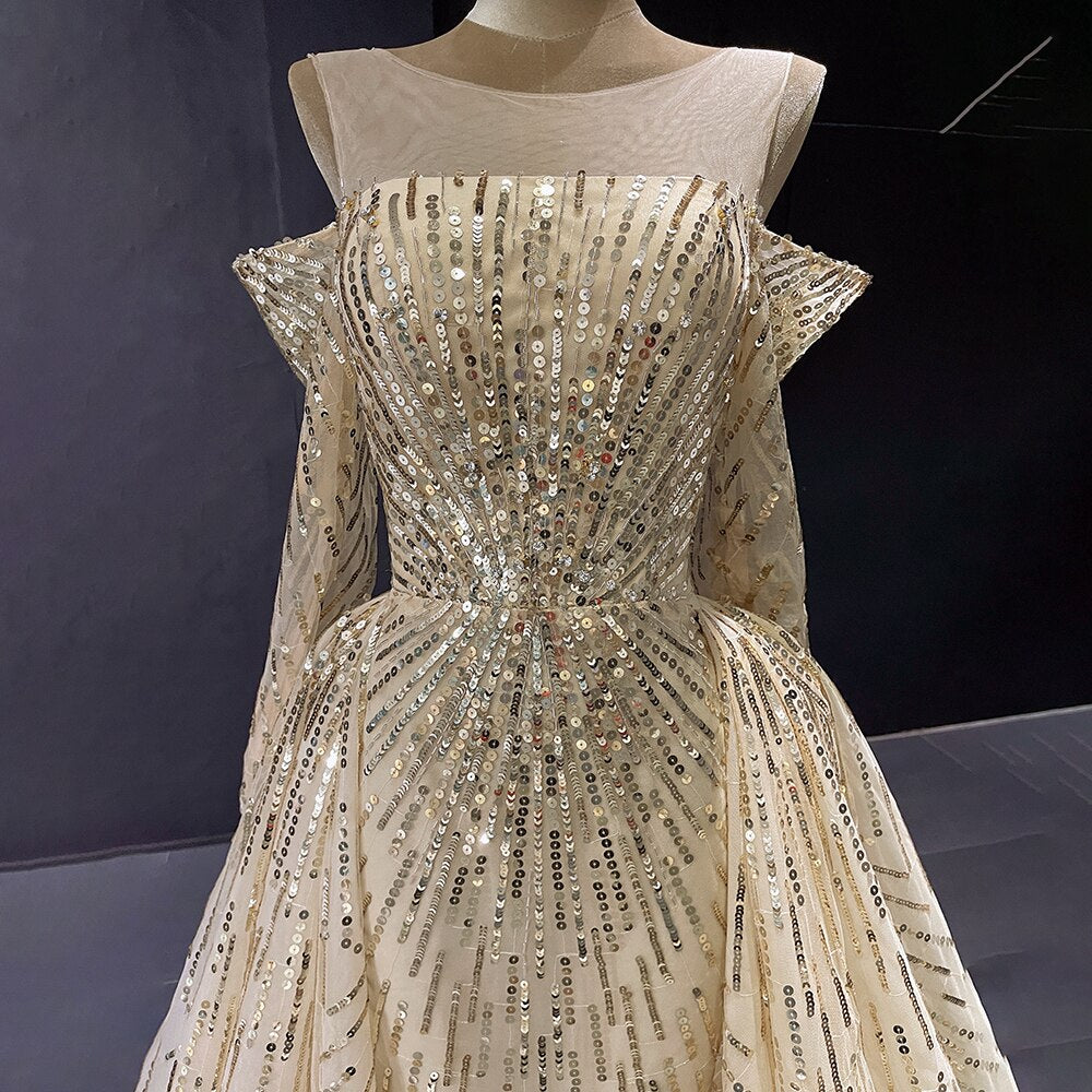 Vestido de noche elegante de sirena dorado con brillo y personalización avanzada, mangas largas con falda no desmontable LA71695 
