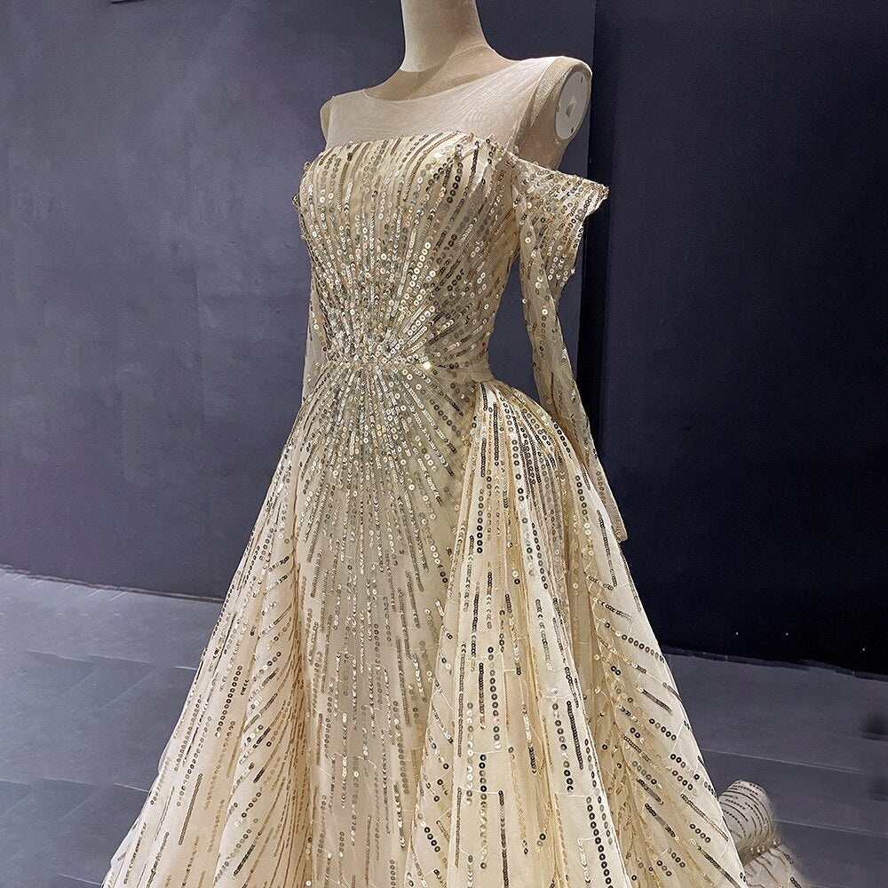 Vestido de noche elegante de sirena dorado con brillo y personalización avanzada, mangas largas con falda no desmontable LA71695 