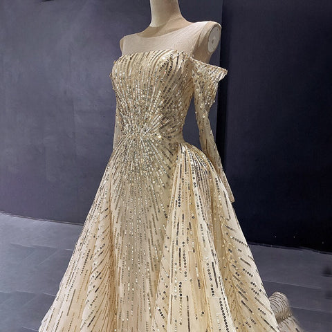 Advanced Customization Gold Mermaid Elegant Sparkle Evening Dresses Long Sleeves With Skirt Not Removable LA71695