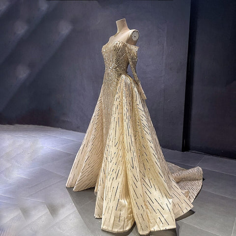 Advanced Customization Gold Mermaid Elegant Sparkle Evening Dresses Long Sleeves With Skirt Not Removable LA71695