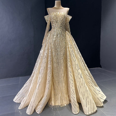 Advanced Customization Gold Mermaid Elegant Sparkle Evening Dresses Long Sleeves With Skirt Not Removable LA71695