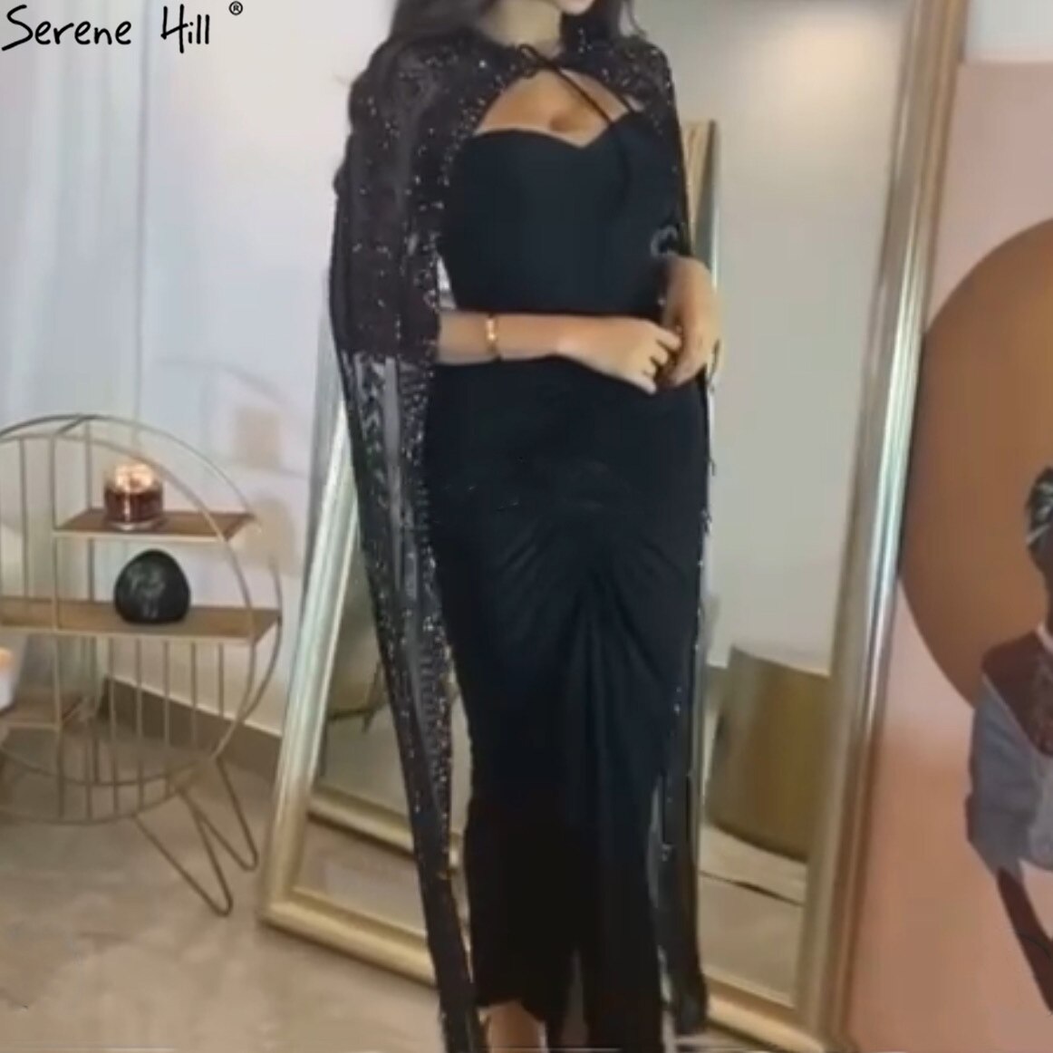 Vestidos de noche Arabia negros con mangas tipo capa, vestidos de fiesta 2025 con cuentas hasta el tobillo para mujer LA71246 