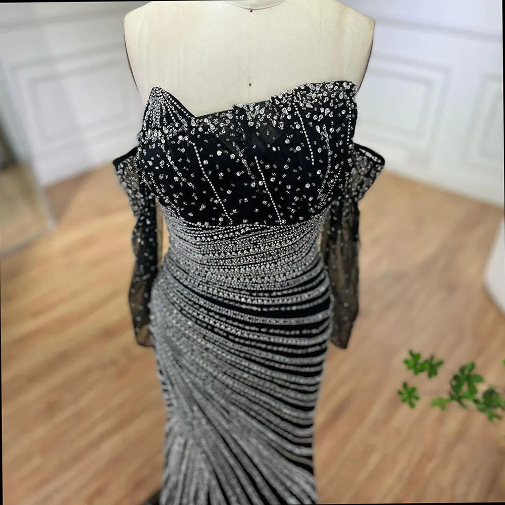Vestidos de noche estilo sirena, elegantes, sin tirantes, con abertura y cuentas, color negro, estilo Arabia, para mujer, ideales para bodas y fiestas (2025) LA72514 