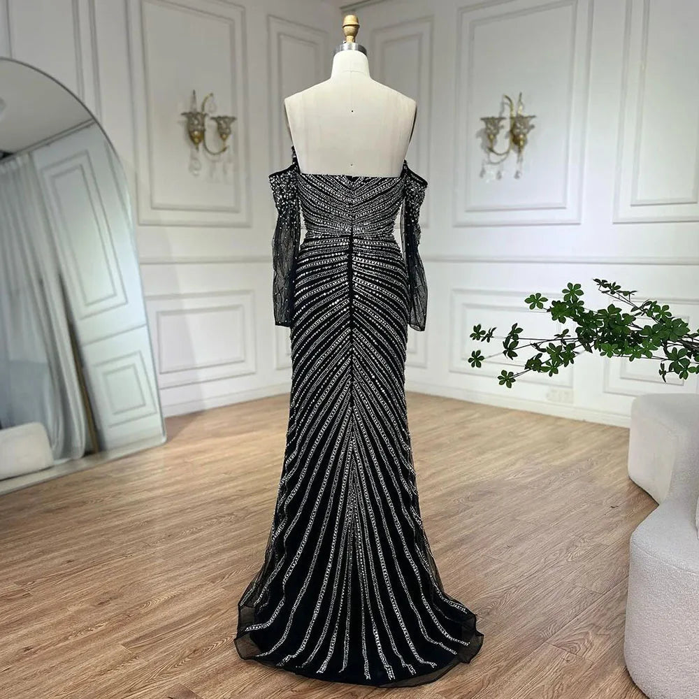 Vestidos de noche estilo sirena, elegantes, sin tirantes, con abertura y cuentas, color negro, estilo Arabia, para mujer, ideales para bodas y fiestas (2025) LA72514 