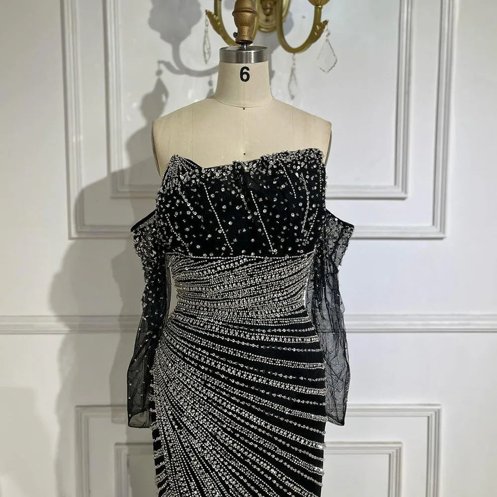 Vestidos de noche estilo sirena, elegantes, sin tirantes, con abertura y cuentas, color negro, estilo Arabia, para mujer, ideales para bodas y fiestas (2025) LA72514 