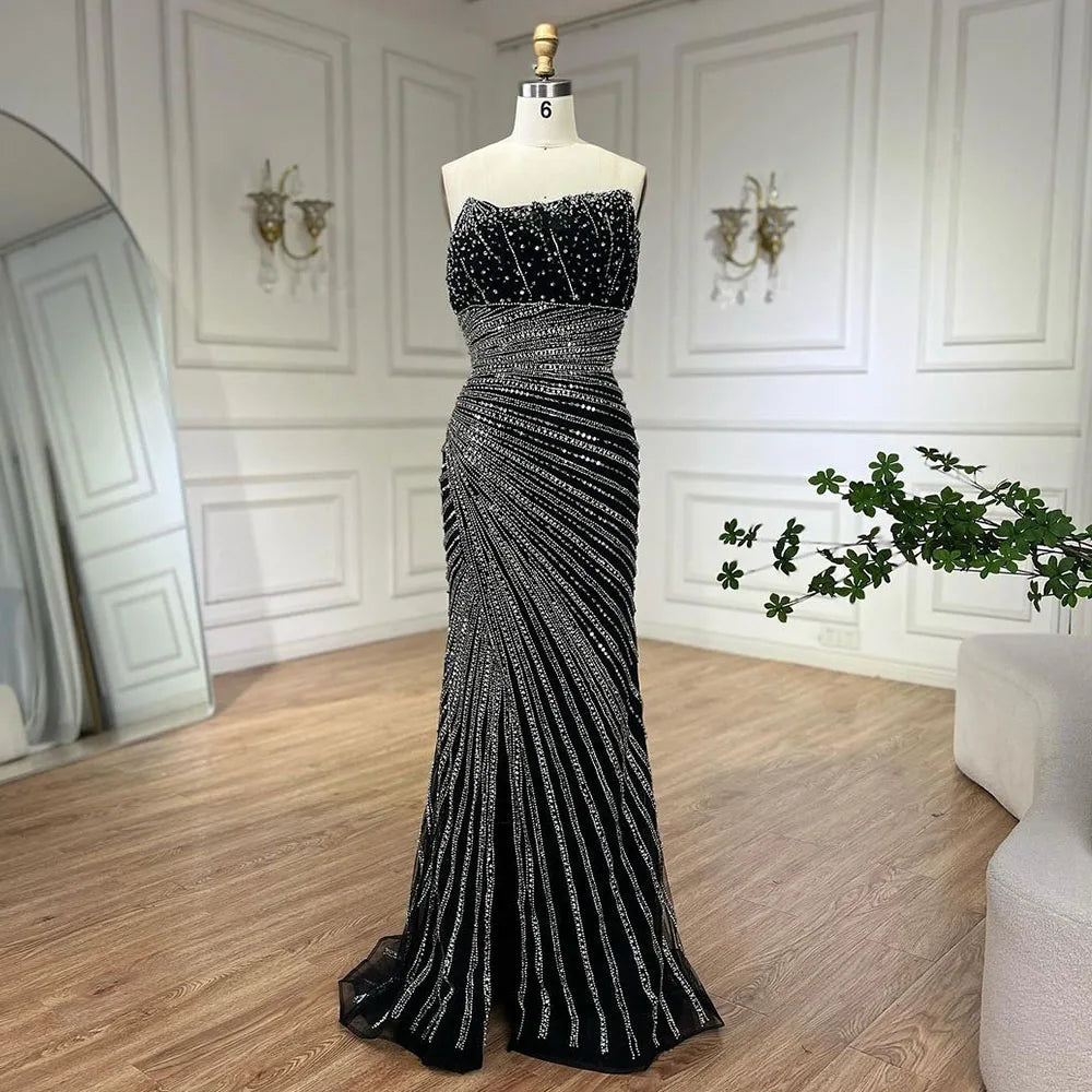 Vestidos de noche estilo sirena, elegantes, sin tirantes, con abertura y cuentas, color negro, estilo Arabia, para mujer, ideales para bodas y fiestas (2025) LA72514 