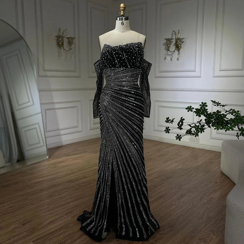 Vestidos de noche estilo sirena, elegantes, sin tirantes, con abertura y cuentas, color negro, estilo Arabia, para mujer, ideales para bodas y fiestas (2025) LA72514 