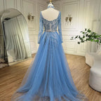 Vestido de noche elegante estilo sirena azul árabe con sobrefalda, de lujo, estilo Dubái, para mujer, ideal para bodas y fiestas (2025) LA71653E 