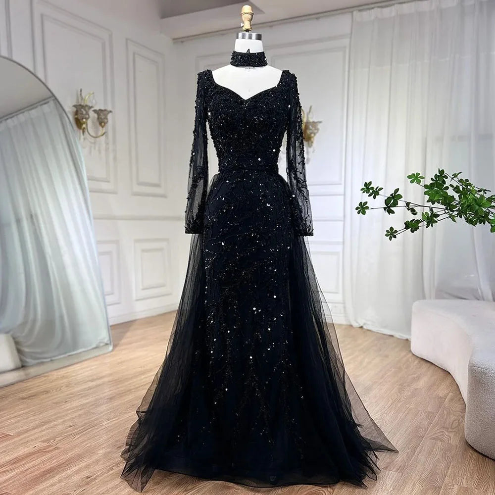 Vestido de noche elegante estilo sirena azul árabe con sobrefalda, de lujo, estilo Dubái, para mujer, ideal para bodas y fiestas (2025) LA71653E 