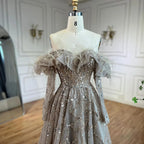 Vestido de noche elegante Arabia Caramel corte A con cuentas y plumas brillantes para mujer, ideal para bodas y fiestas (2025) LA71328A 