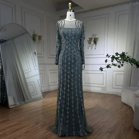Luxury Sage Green Dubai Evening Dresses Mermaid Muslim Long Sleeves LA72292