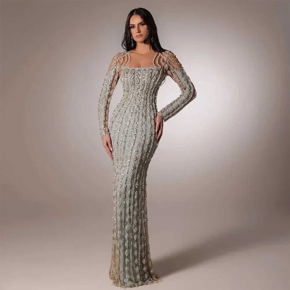 Luxury Sage Green Dubai Evening Dresses Mermaid Muslim Long Sleeves LA72292