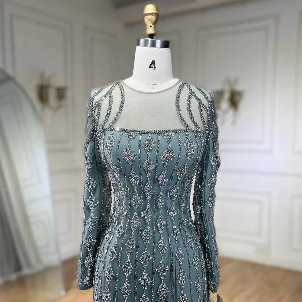 Luxury Sage Green Dubai Evening Dresses Mermaid Muslim Long Sleeves LA72292