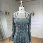 Luxury Sage Green Dubai Evening Dresses Mermaid Muslim Long Sleeves LA72292