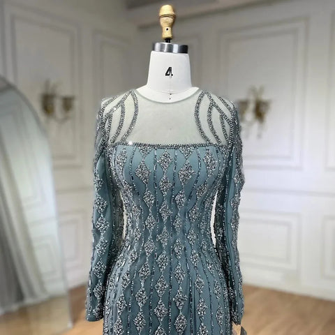 Luxury Sage Green Dubai Evening Dresses Mermaid Muslim Long Sleeves LA72292