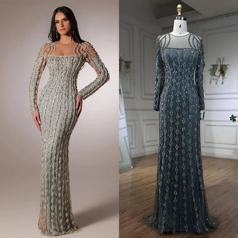Luxury Sage Green Dubai Evening Dresses Mermaid Muslim Long Sleeves LA72292