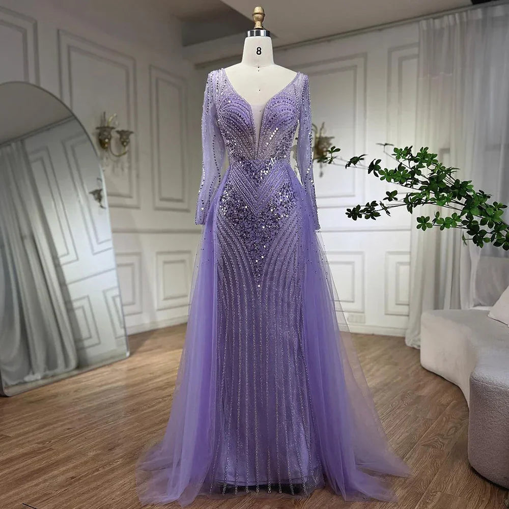 Vestido de noche de sirena elegante y lujoso con sobrefalda y cuentas, estilo lila árabe, para mujer, ideal para bodas y fiestas (2025) LA72297 