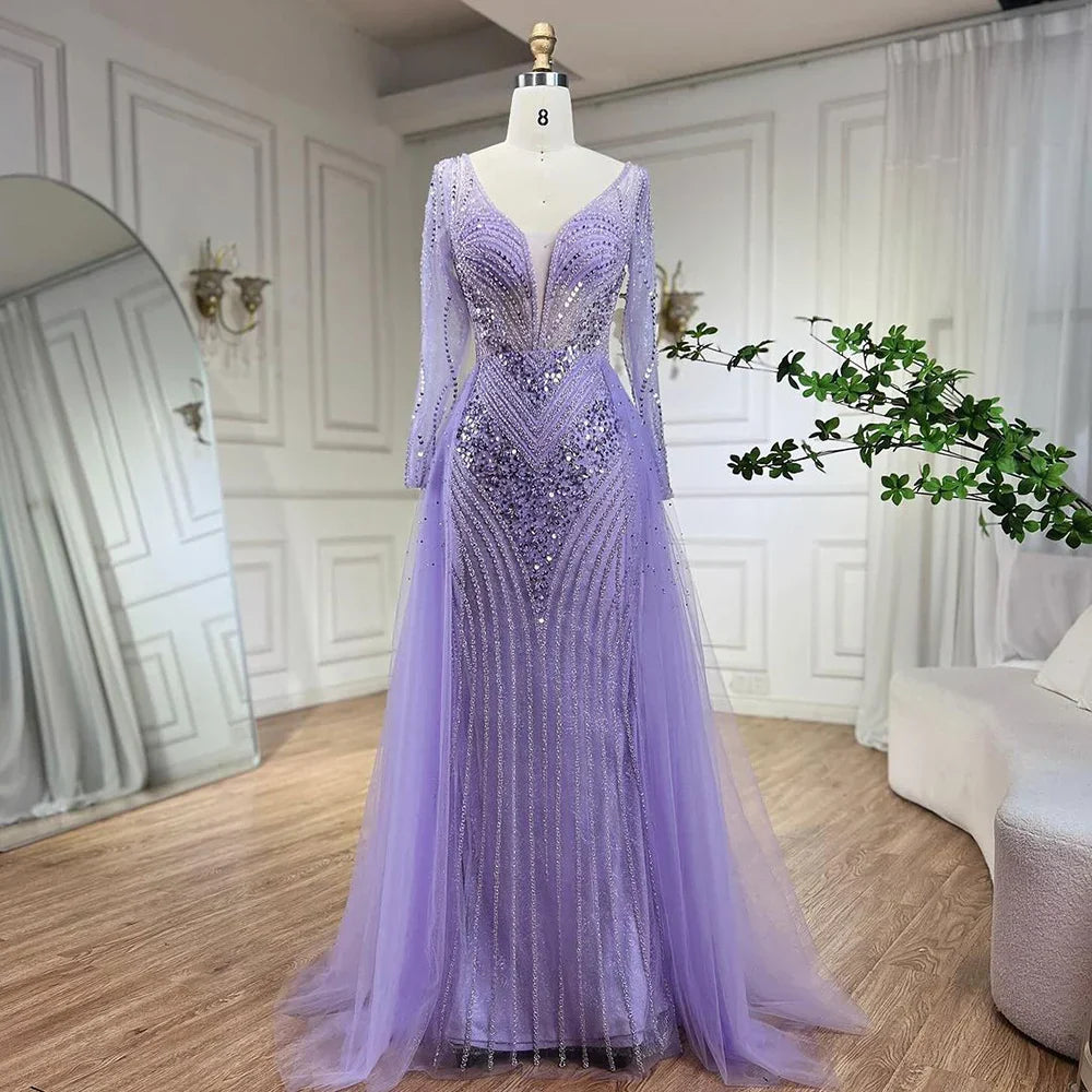Vestido de noche de sirena elegante y lujoso con sobrefalda y cuentas, estilo lila árabe, para mujer, ideal para bodas y fiestas (2025) LA72297 