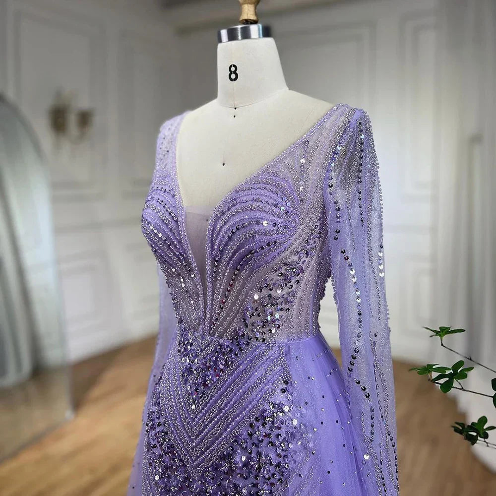 Vestido de noche de sirena elegante y lujoso con sobrefalda y cuentas, estilo lila árabe, para mujer, ideal para bodas y fiestas (2025) LA72297 