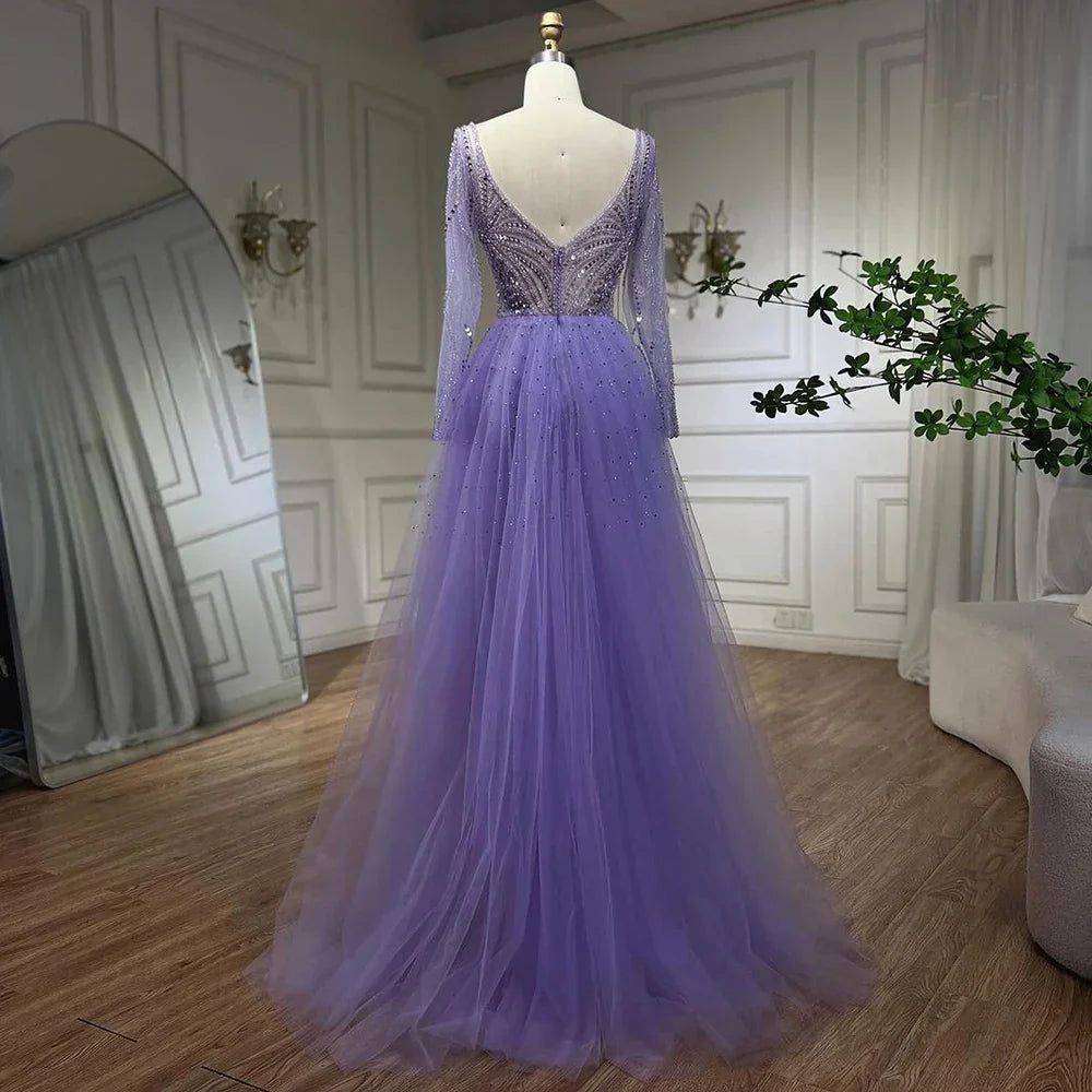 Vestido de noche de sirena elegante y lujoso con sobrefalda y cuentas, estilo lila árabe, para mujer, ideal para bodas y fiestas (2025) LA72297 