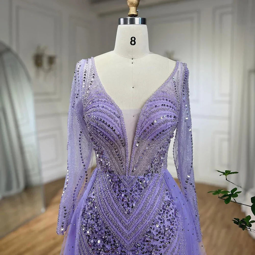 Vestido de noche de sirena elegante y lujoso con sobrefalda y cuentas, estilo lila árabe, para mujer, ideal para bodas y fiestas (2025) LA72297 