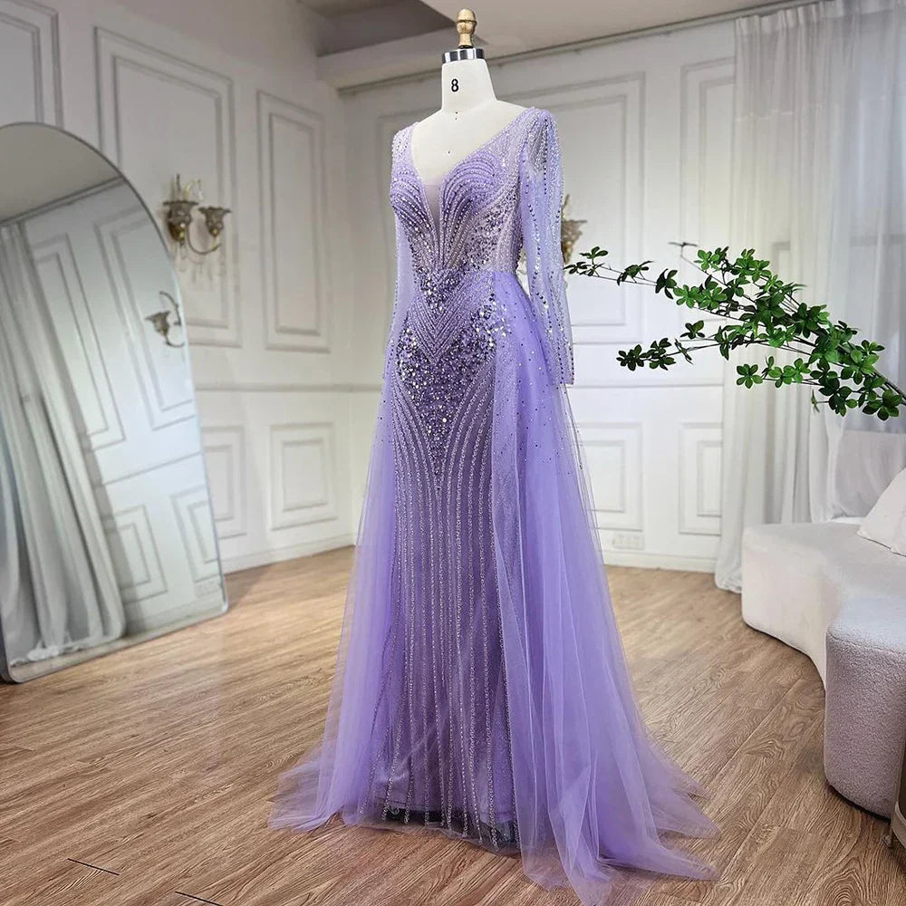 Vestido de noche de sirena elegante y lujoso con sobrefalda y cuentas, estilo lila árabe, para mujer, ideal para bodas y fiestas (2025) LA72297 