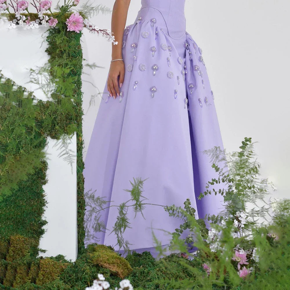 Vestidos de noche de lujo, corte A, sin tirantes, con cuentas, estilo lila, de Arabia, en satén, para mujer, ideales para bodas y fiestas (2025) LA72229 